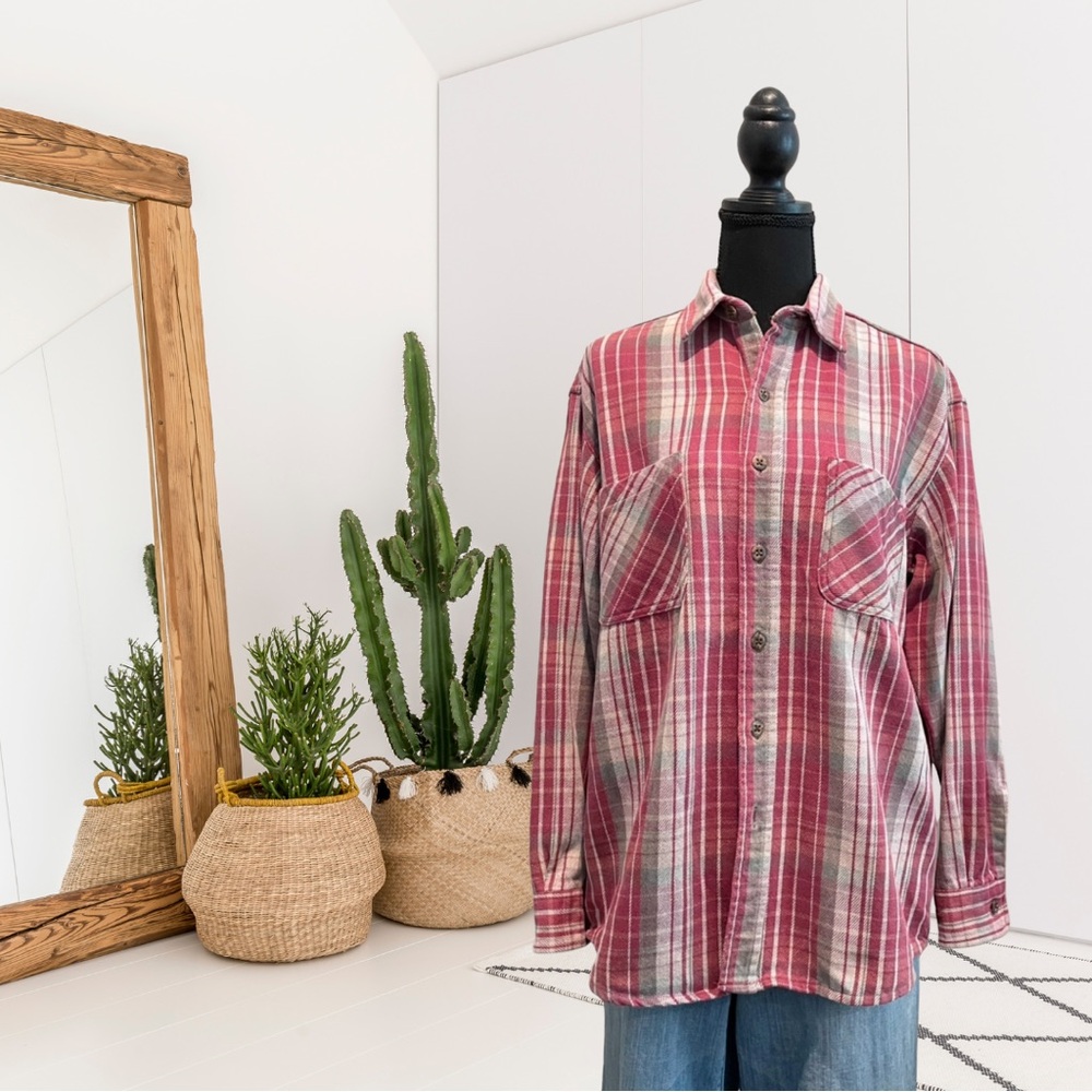 Farmstead Original Vintage Washed Flannel Plaid Button Down Top